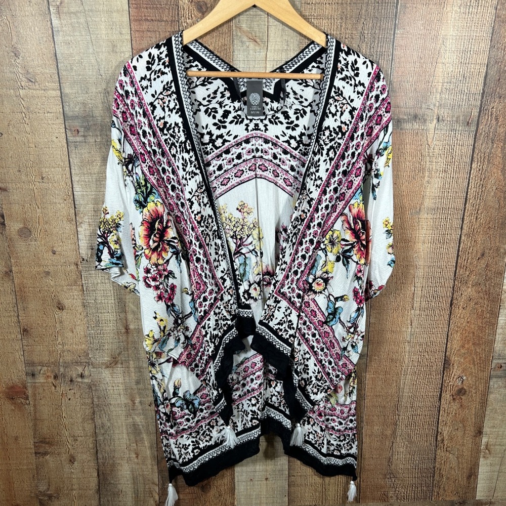 Vince Camuto Floral Kimono Cardigan OS Boho Tassel Open Front Black Pink